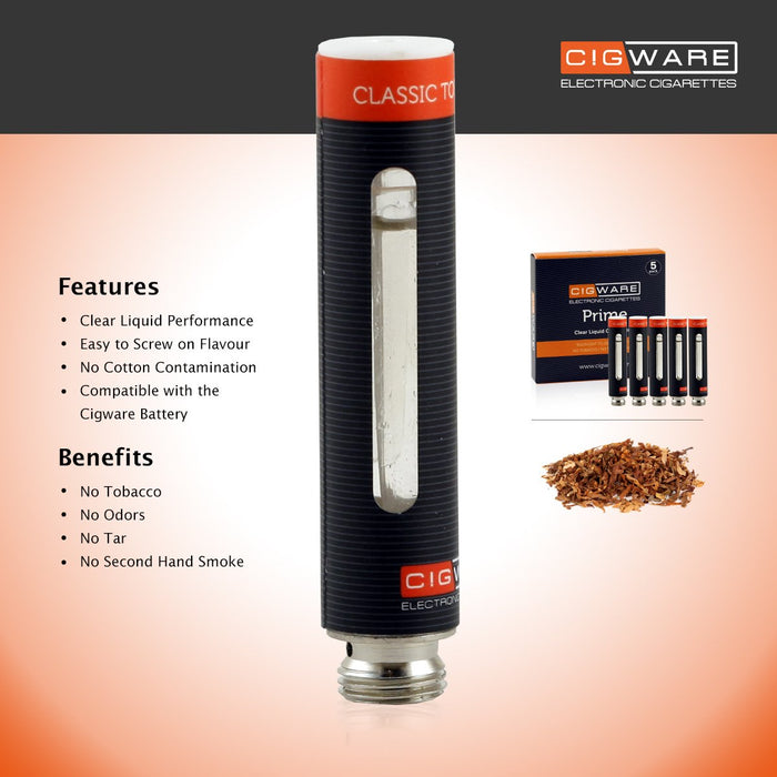 Cigware Prime Clear Cartomizer | Classic Tobacco Flavour E Liquid 5 Pack