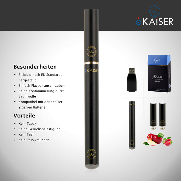 E Zigaretten Starter Kit eKaiser | Schwarze Batterie mit Verzierung mit Apfel und Erdbeere Flavour