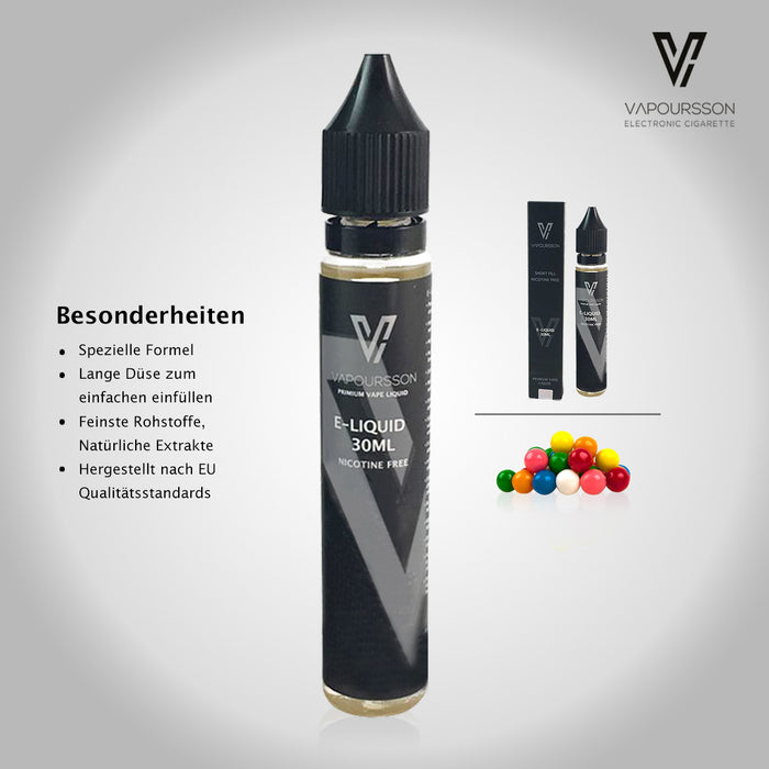 Vapoursson 30ml Kaugummi 0mg E-Flasche Nikotinfrei| Shortfill Flaschen Nikotinfrei | 50/50 PG / VG - Starke echte Aromen | Für E-Shisha und E-Zigaretten